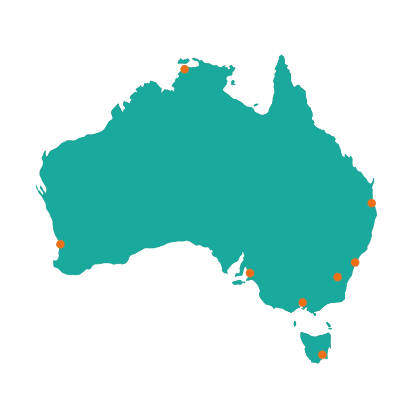 Map of Australia highlighting Sydney and Melbourne team locations