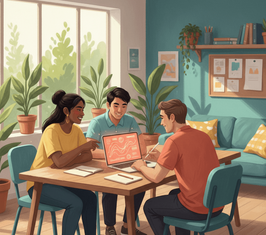 Small team of Australians collaborating around a laptop in a bright office