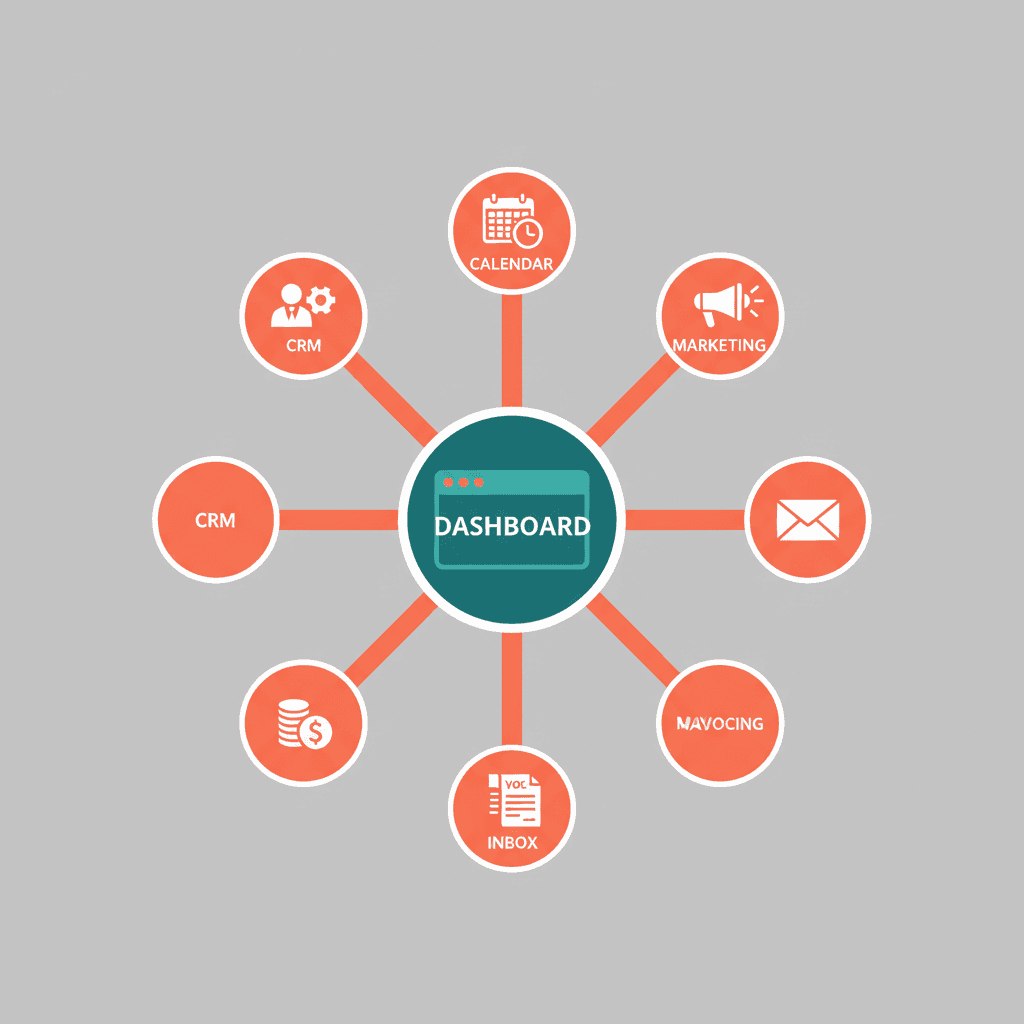Hub diagram showing Carely dashboard connecting to Contacts, Calendar, Payments, Marketing, Reputation, and Settings