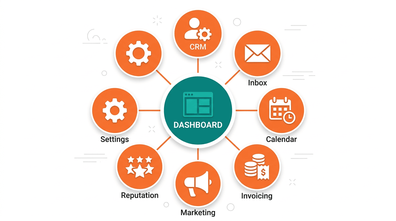 Hub diagram showing Carely dashboard connecting to Contacts, Calendar, Payments, Marketing, Reputation, and Settings