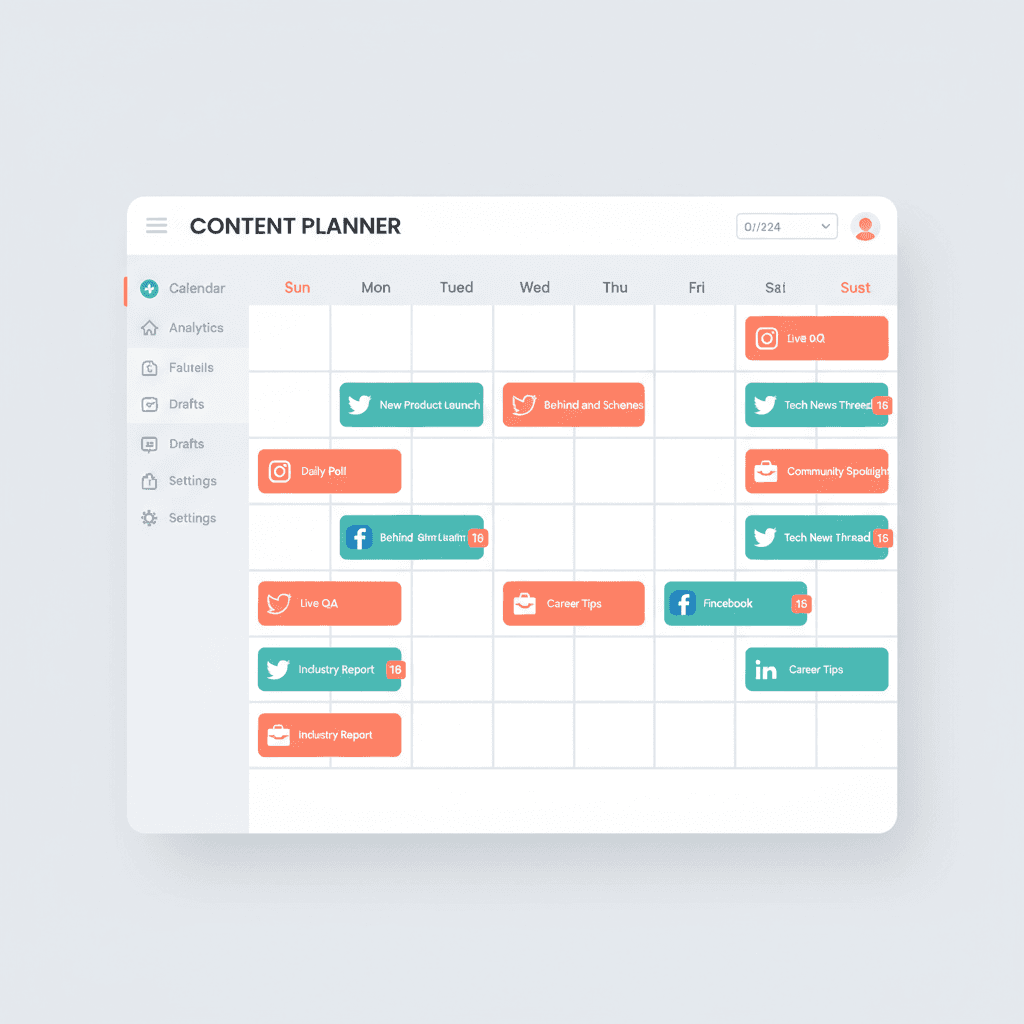Social media planner showing weekly calendar view with scheduled posts across multiple platforms