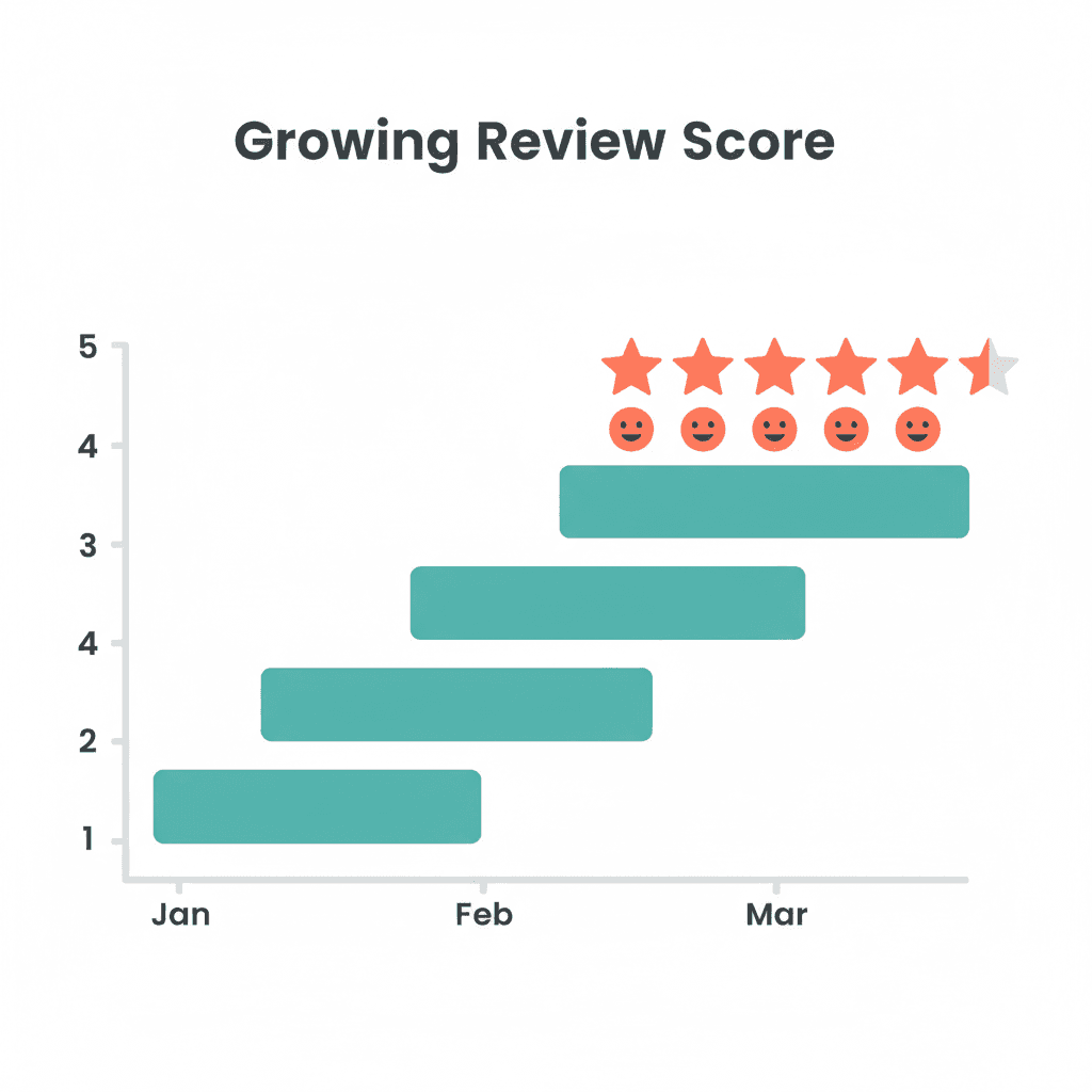 Reputation management illustration with 5-star reviews and social proof cards