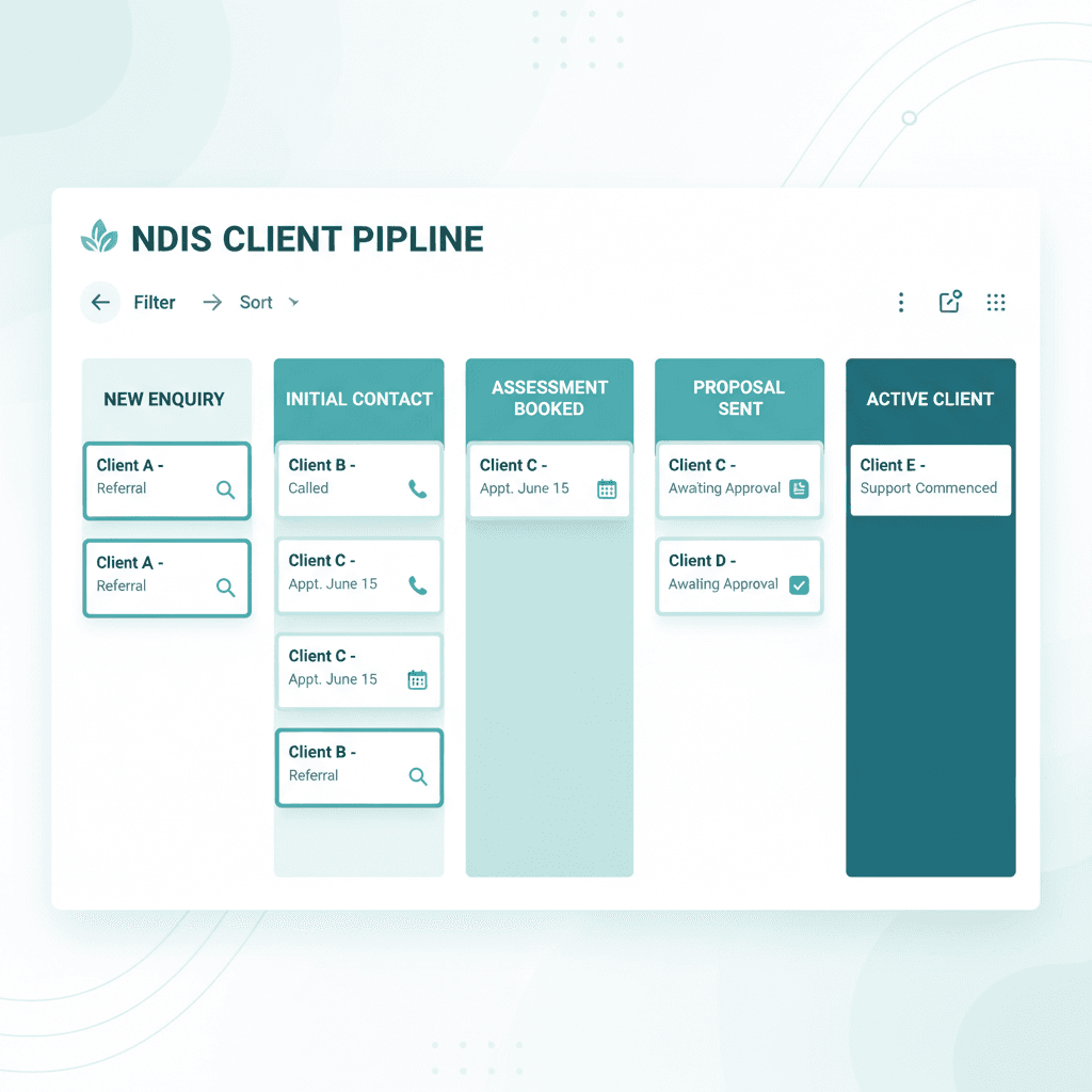 Drag and drop pipeline kanban board showing opportunity cards moving between stages