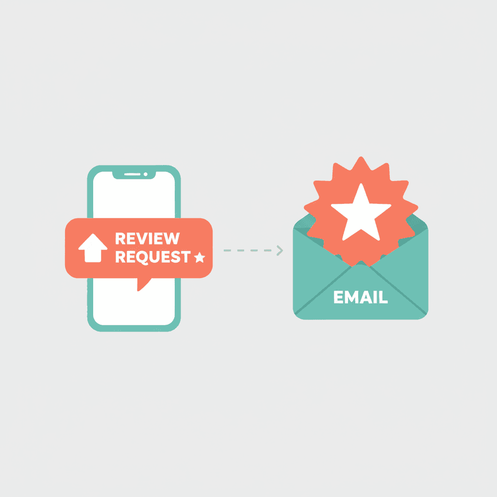 Split illustration showing SMS review request on mobile and branded email review request