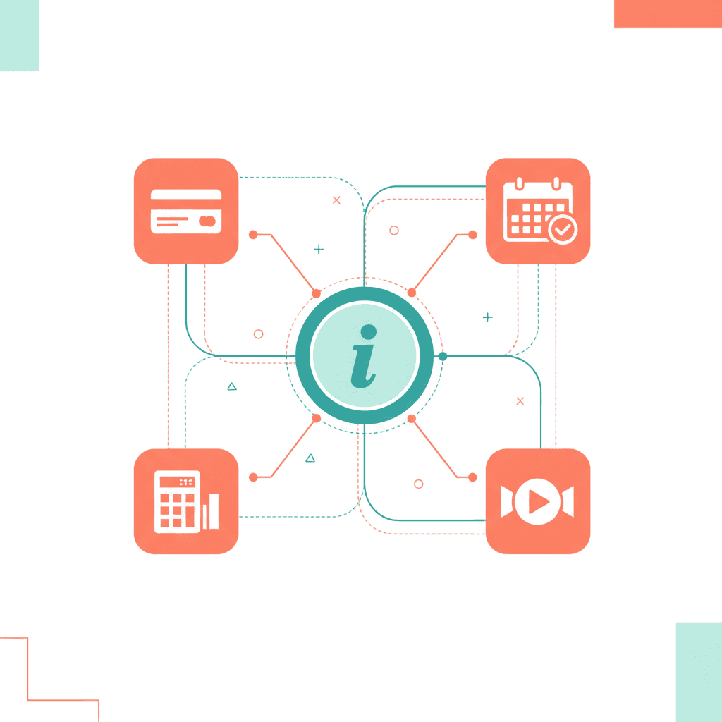 Integrations hub showing Stripe, Xero, Google Calendar, Zoom, Zapier, and Make connection tiles